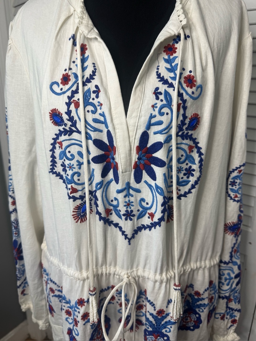 Farm Rio Linen Blend Embroidered Midi White Navy Boho Peasant Artsy Dress XL - Picture 5 of 16